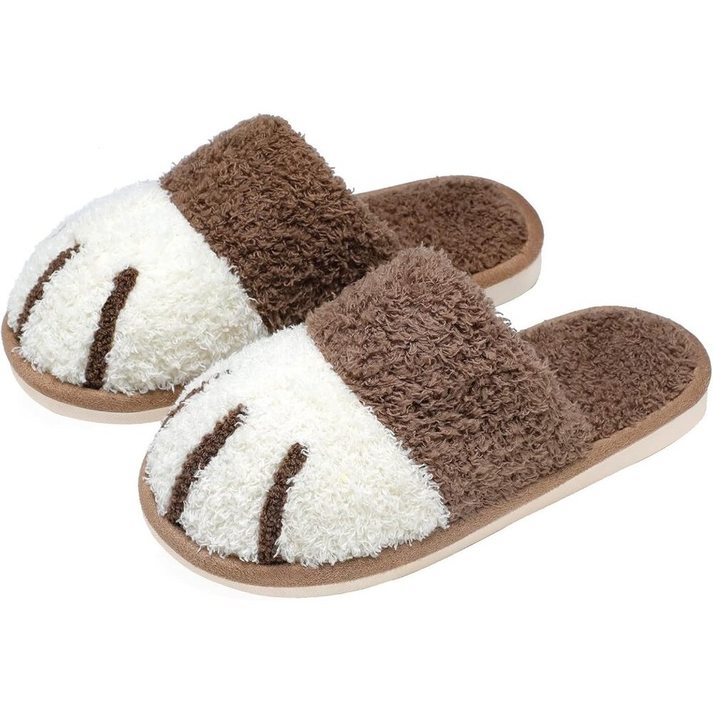 Women's Memory Foam White Brown Winter Warm Cozy Fuzzy Bedroom Slippers Shoes